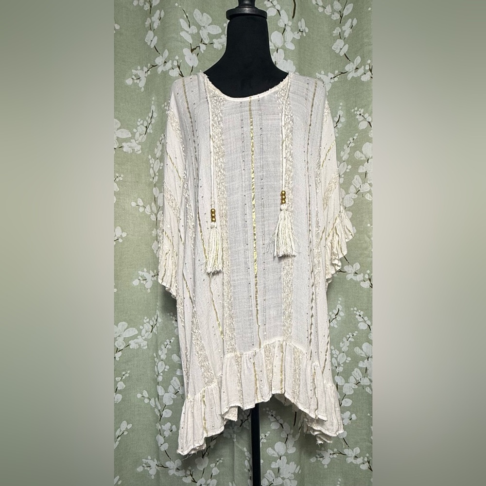 Surf Gypsy, Boho Oversized Tassel Semi Sheer Mini Dress, Size Small